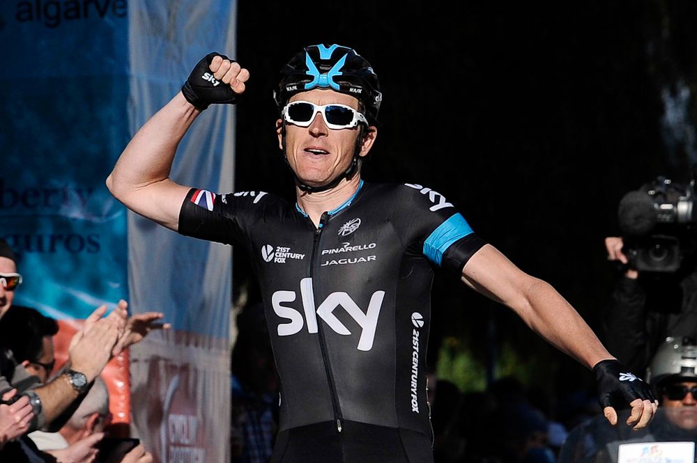 Geraint Thomas (Team Sky) celebrates the stage 2 win.