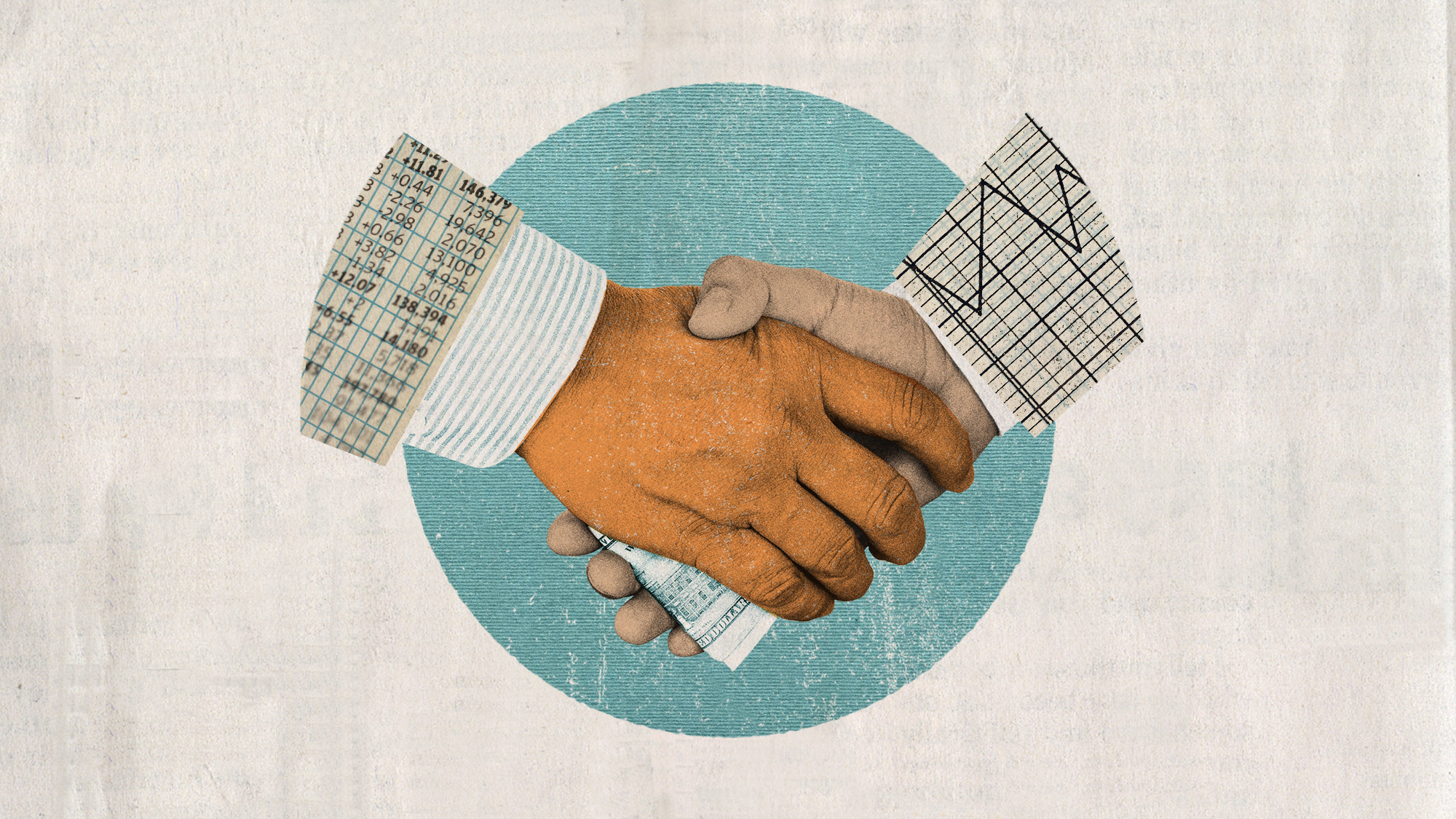Photo collage of two businessmen shaking hands, with a folder note peeking out from the handshake. One of the hands is orange.