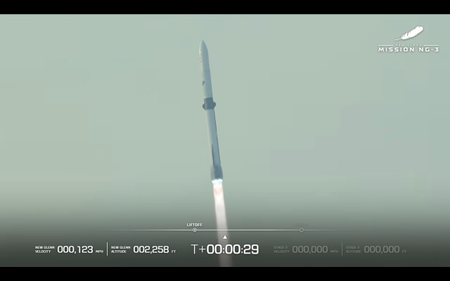 Blue Origin's NG-3 New Glenn rocket soars into the Florida sky after a liftoff on April 19, 2026.