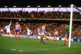 Dynamo Kyiv players celebrate a goal against Atletico Madrid in the 1986 European Cup Winners' Cup final.