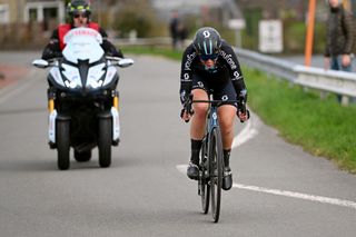 DE PANNE BELGIUM MARCH 23 Pfeiffer Georgi of United Kingdom and Team DSM attacks in the breakaway during the 6th Exterioo Womens Classic BruggeDe Panne 2023 a 1631km one day race from Brugge to De Panne UCIWWT on March 23 2023 in De Panne Belgium Photo by Luc ClaessenGetty Images