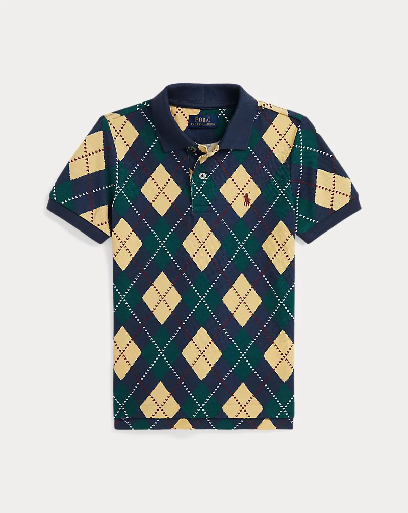 Argyle Print Cotton Mesh Polo Shirt