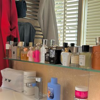 Bathroom shelf with perfume bottles and Delina perfume