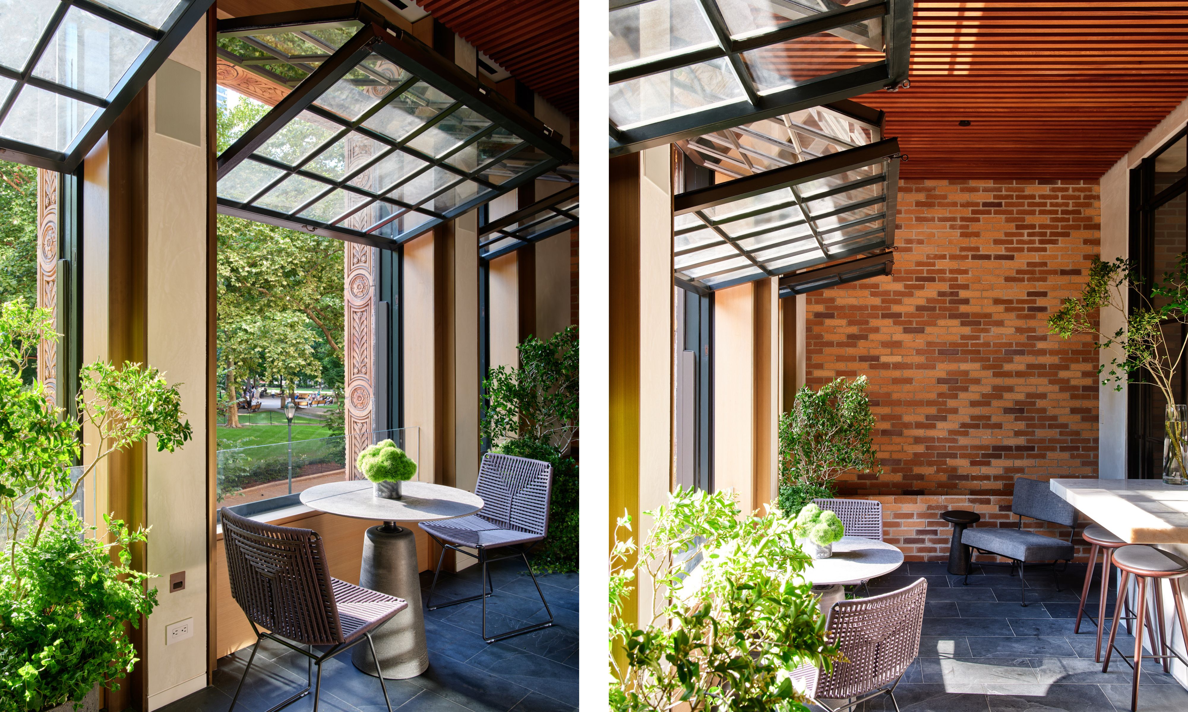 Two images of an indoor/outdoor patio area with plants and a bistro set