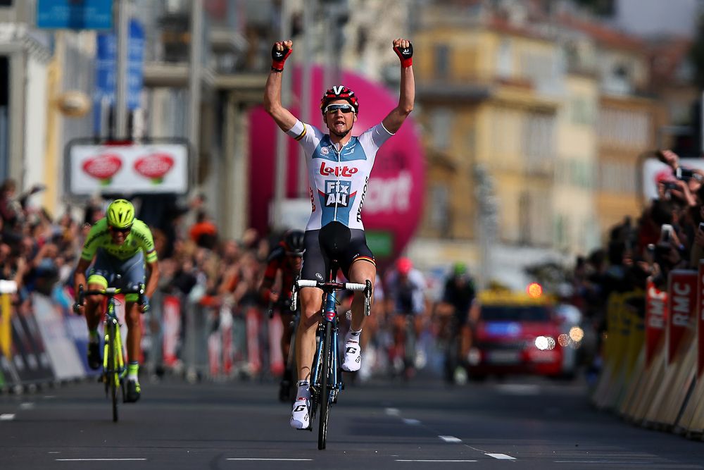 Tim Wellens of Belgium and Lotto Soudal celebrates as he crosses the finish line to win stage 7 of the 2016 Paris-Nice