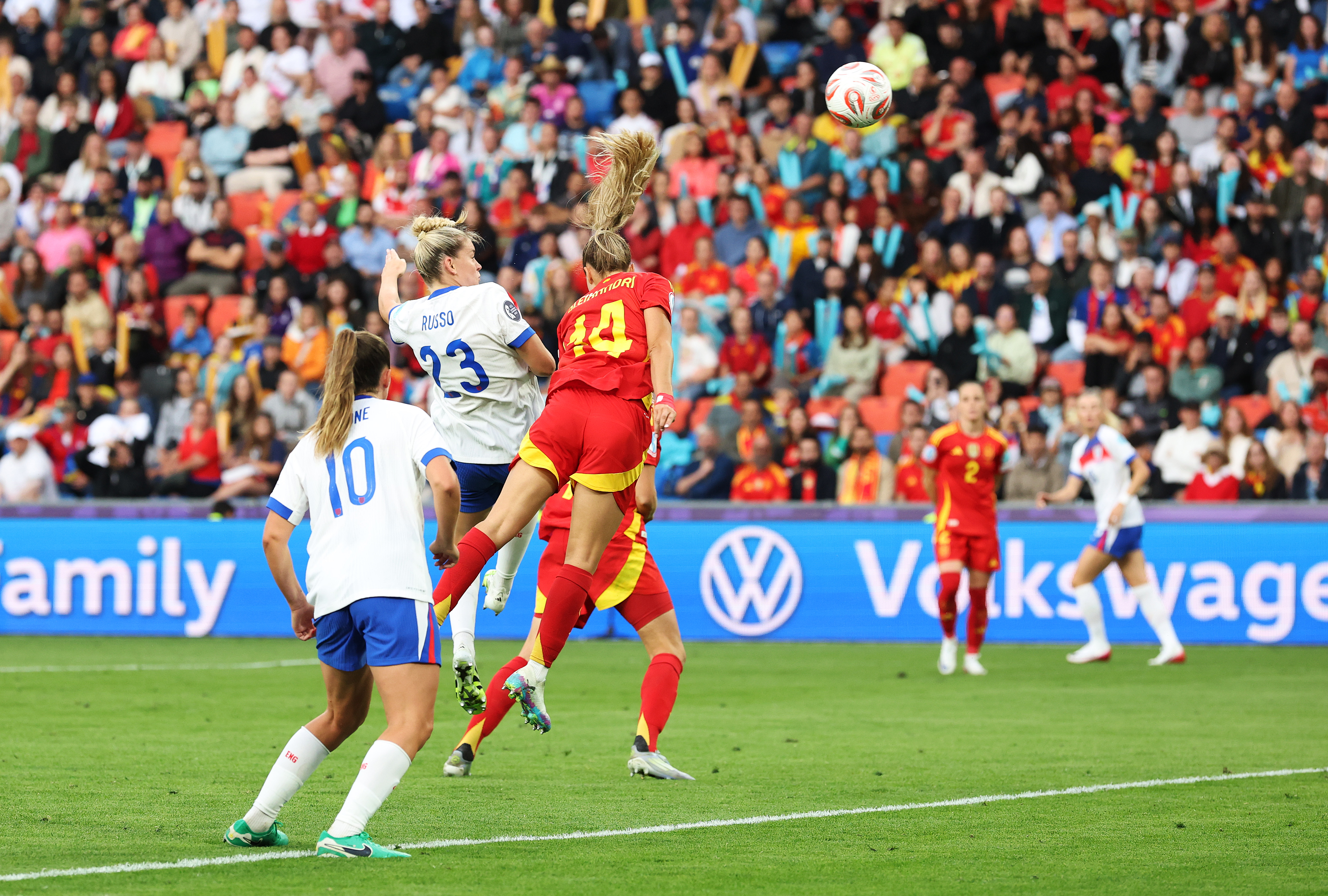 Alessia Russo of England scores her team's first goal during the UEFA Women's EURO 2025 Final match between England and Spain at St. Jakob-Park on July 27, 2025 in Basel, Switzerland.
