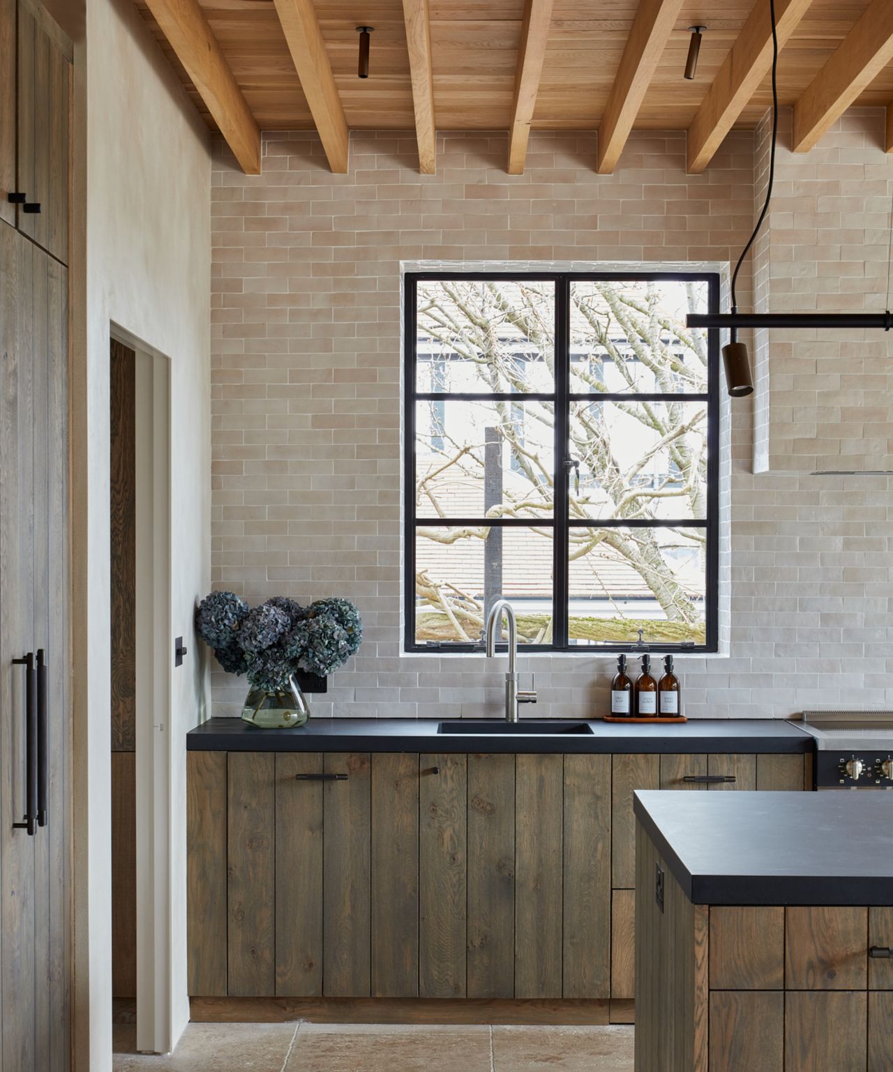 rustic wooden kitchen cabinet doors with wooden beamed and panelled ceiling