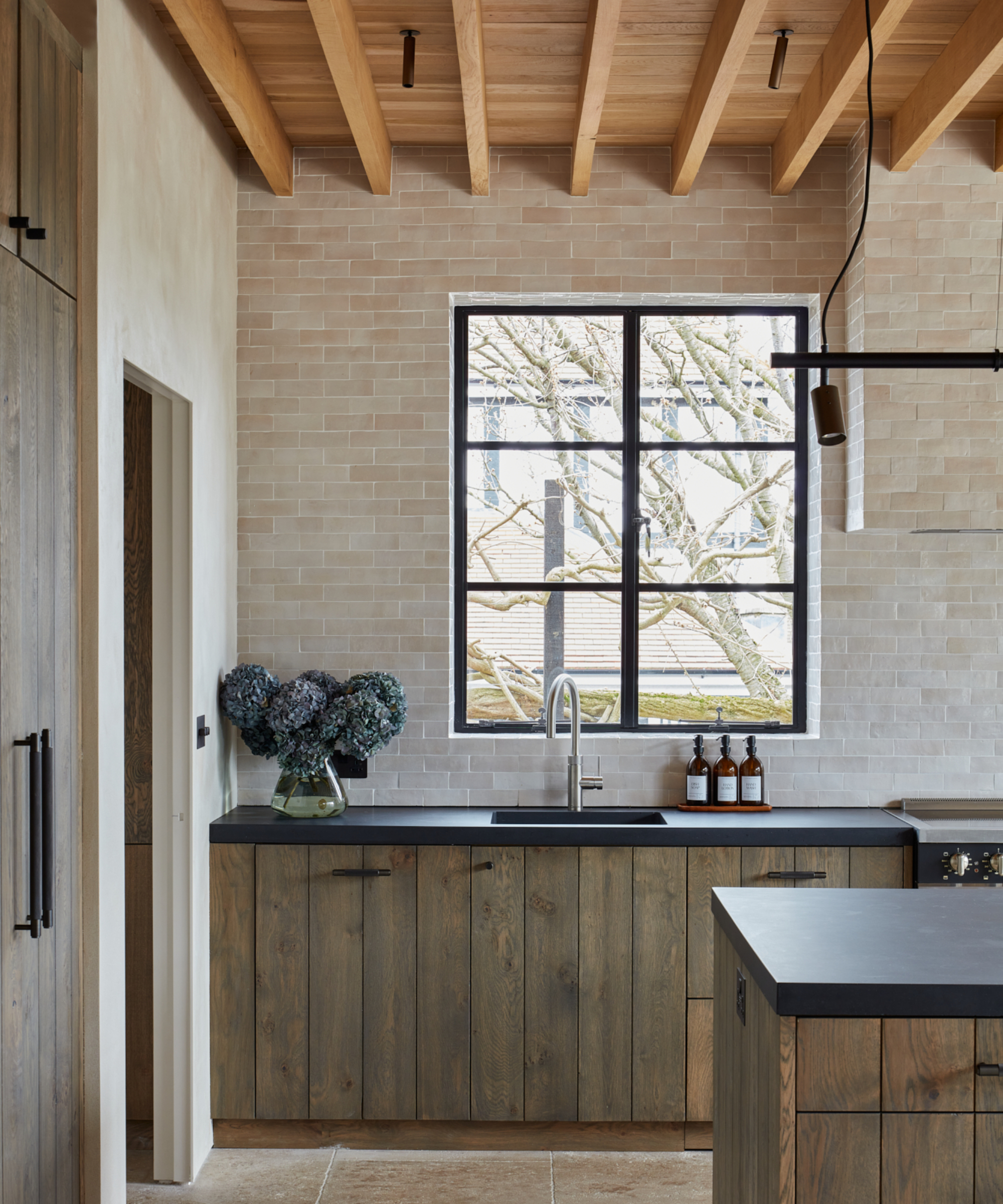 rustic wooden kitchen cabinet doors with wooden beamed and panelled ceiling