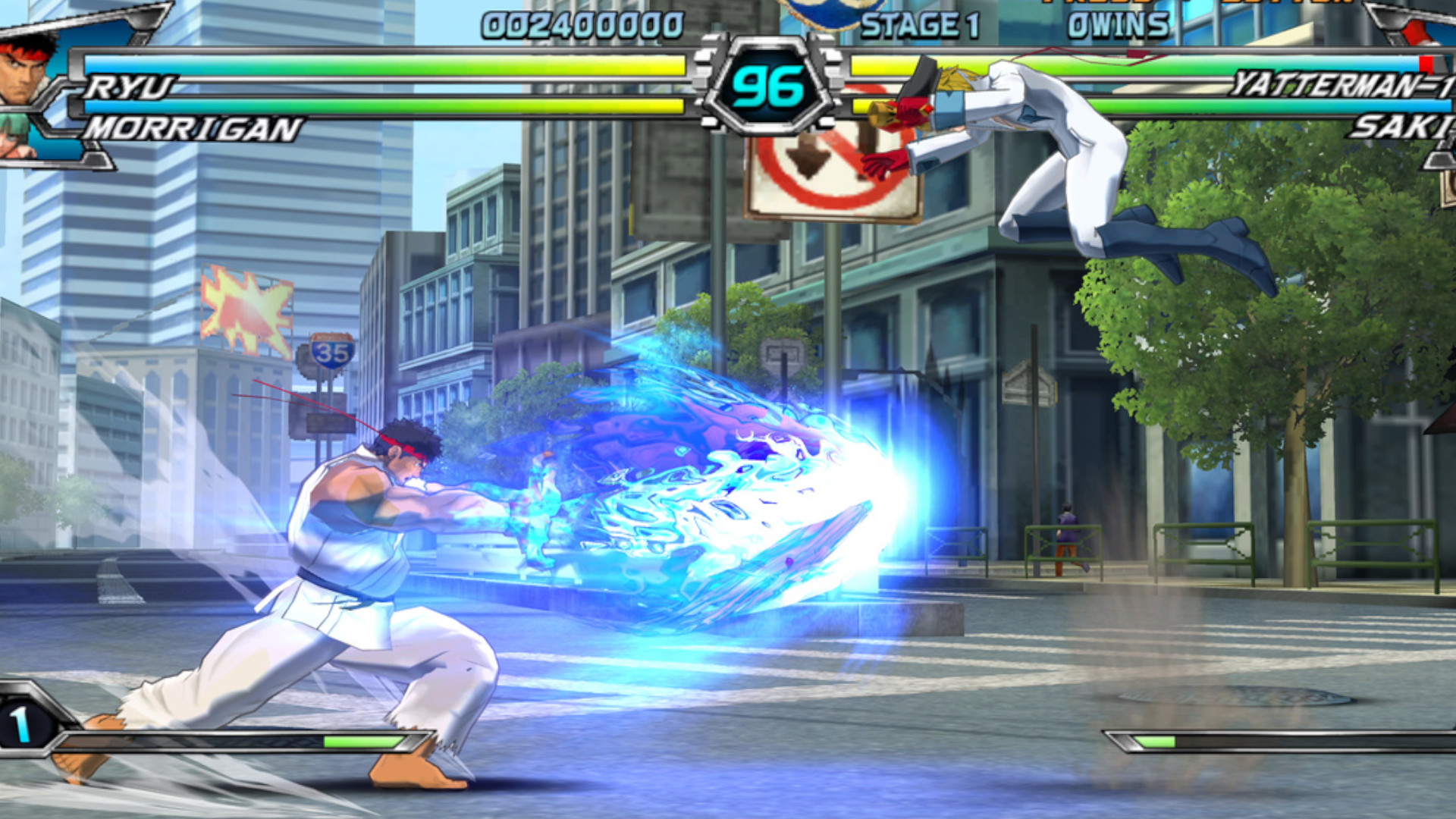 Ryu blasting blue flames from his hands during a fight in one of the best Wii games of all time, Tatsunoko vs. Capcom: Ultimate All-Stars