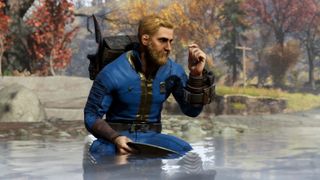 A character in Fallout 76 crouching in a lake