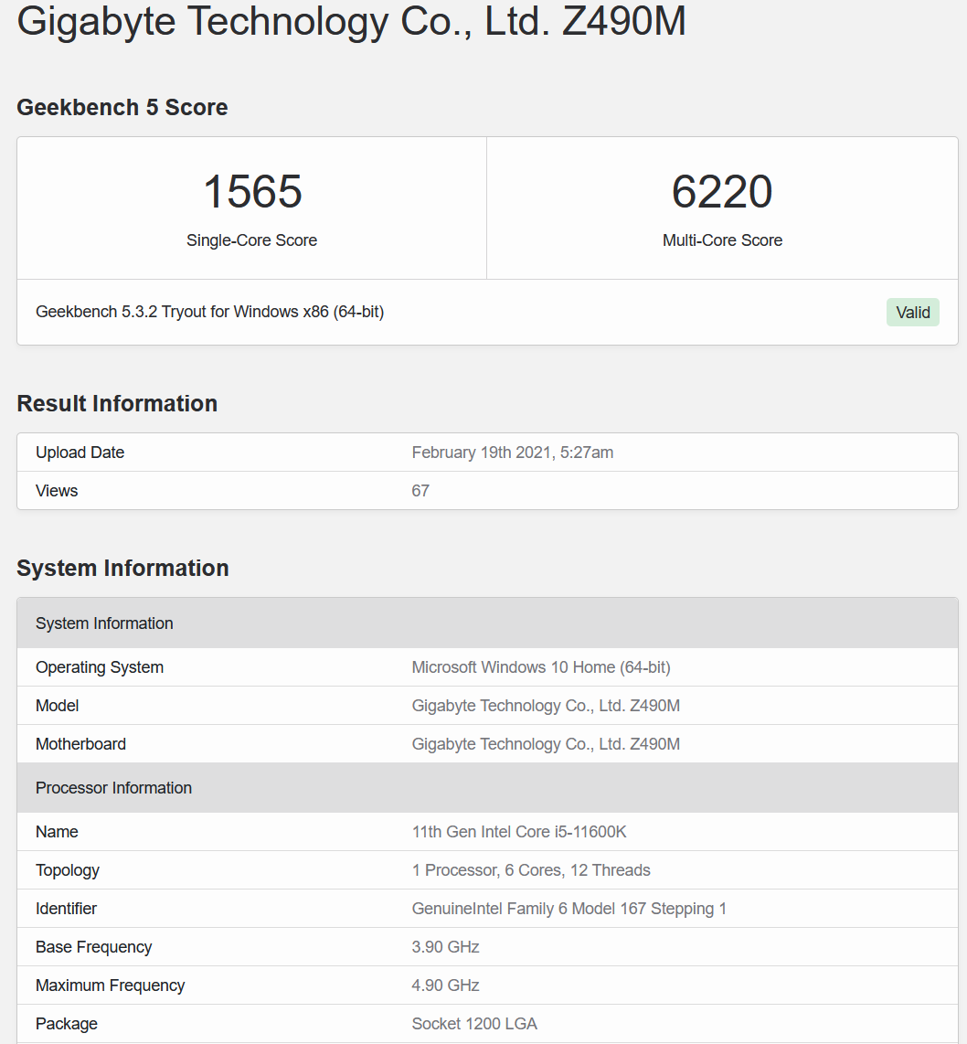 Core i5-11600K Geekbench 5 Results