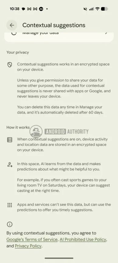 contextual suggestions description page on a Pixel 10