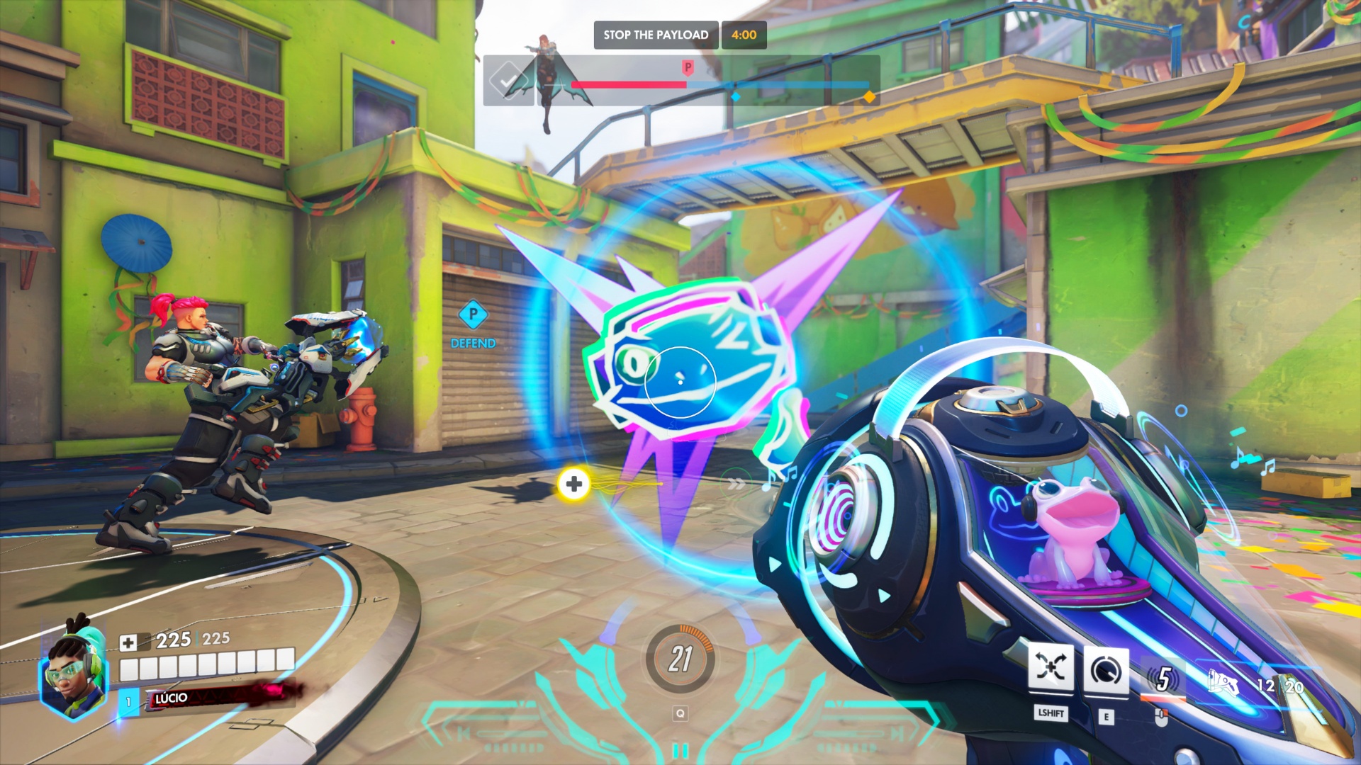 Neon-lit team shooter battle in a green industrial courtyard, with armored heroes, a bulky sci-fi weapon, and a glowing blue-purple mascot effect.