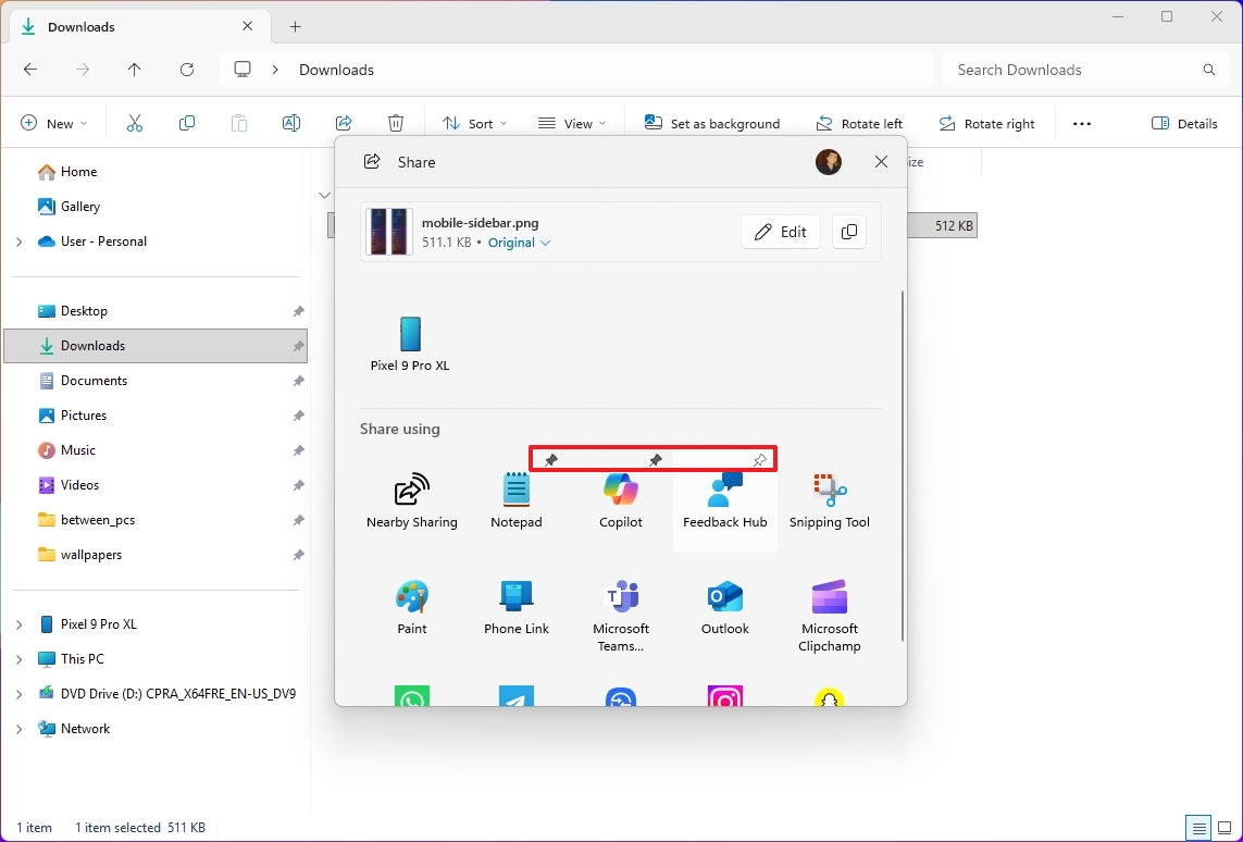 Windows Share app pin option
