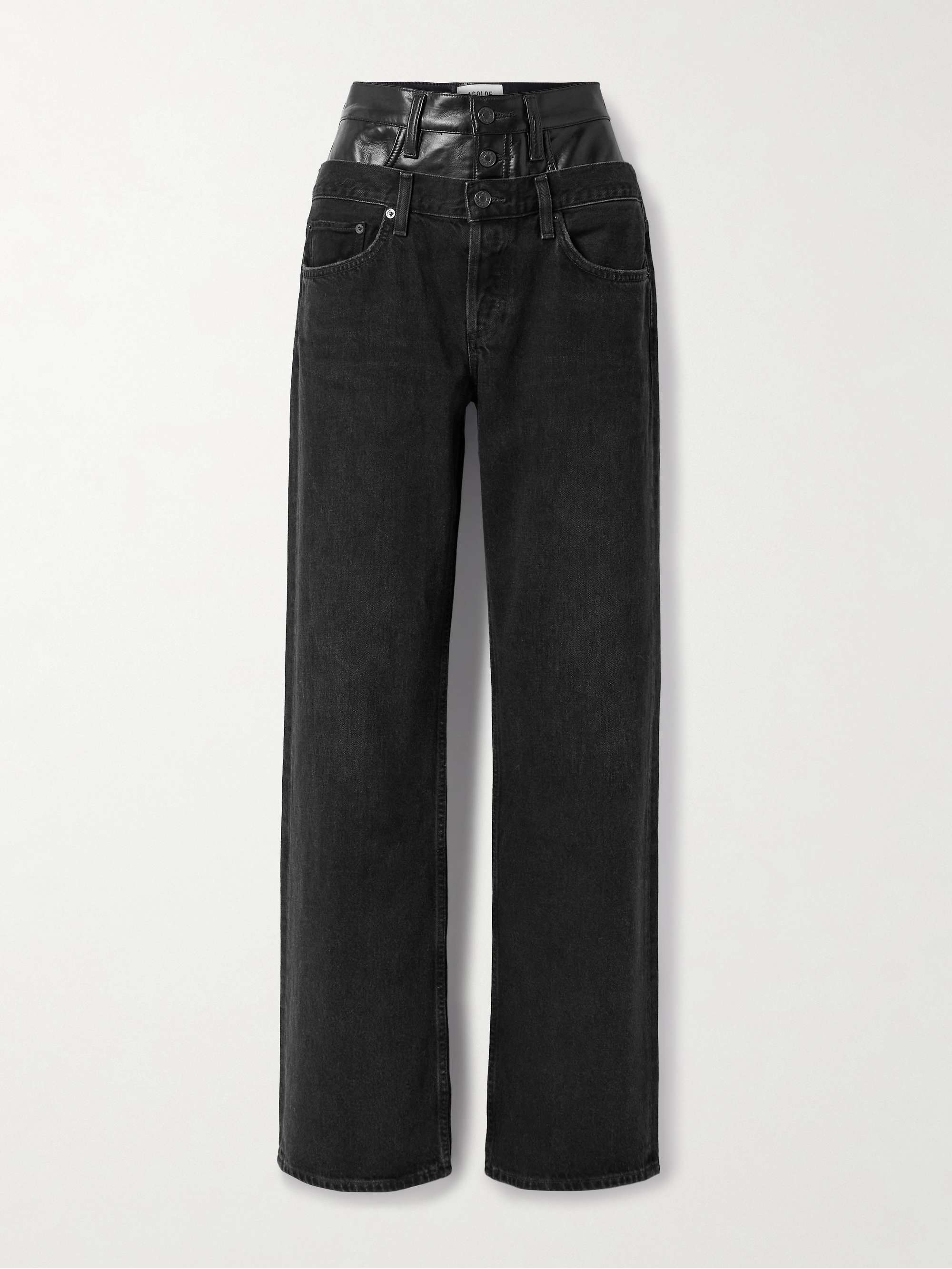 Elson Recycled Leather-Blend Trimmed High-Rise Wide-Leg Jeans