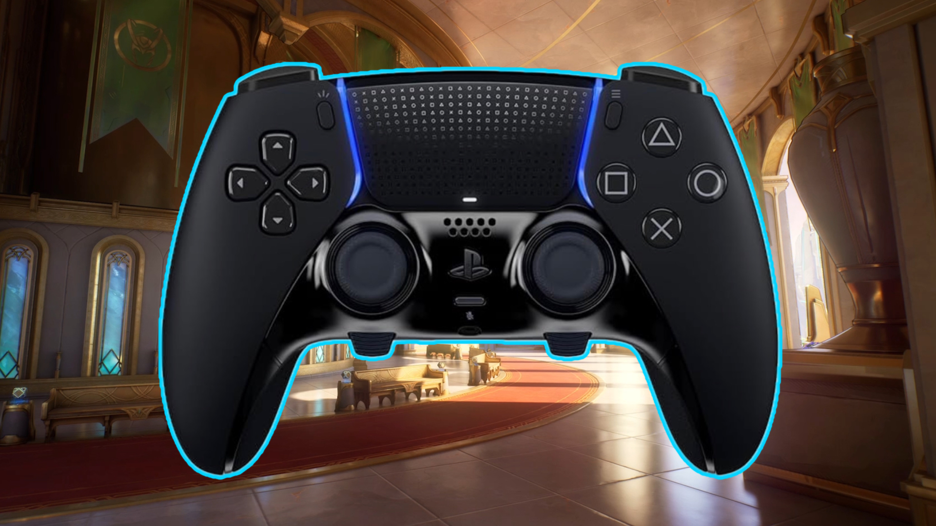 DualSense Edge outlined in light blue, against the background of a Marvel Rivals Asgard setting