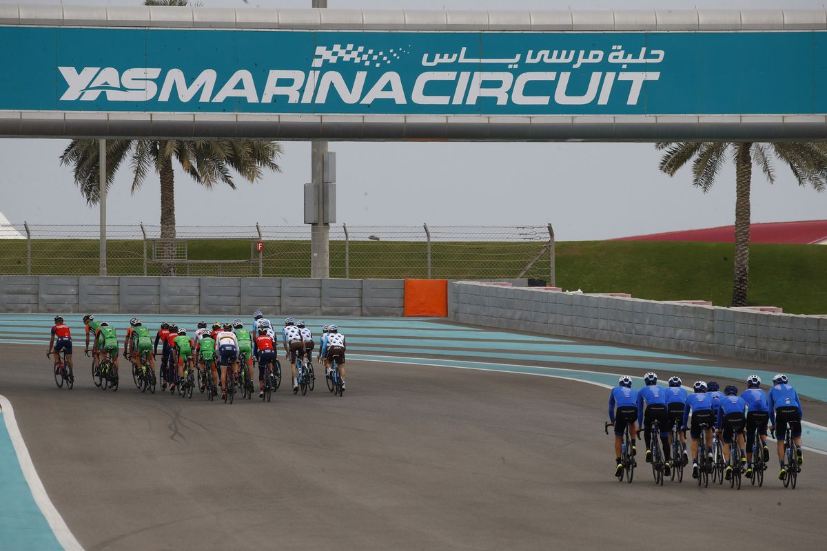 Bahrain-Merida, Bardiani CSF, AG2R La Mondiale and Gazprom-Rusvelo all training on the Yas Marina circuit at the same time
