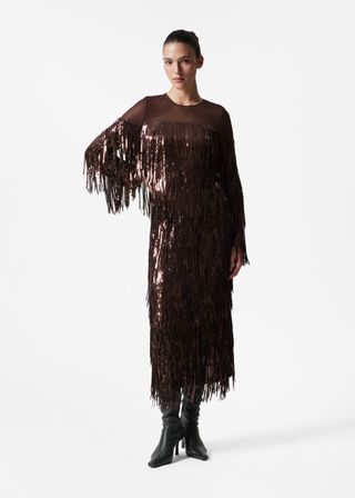 Fringed Sequin Midi Skirt