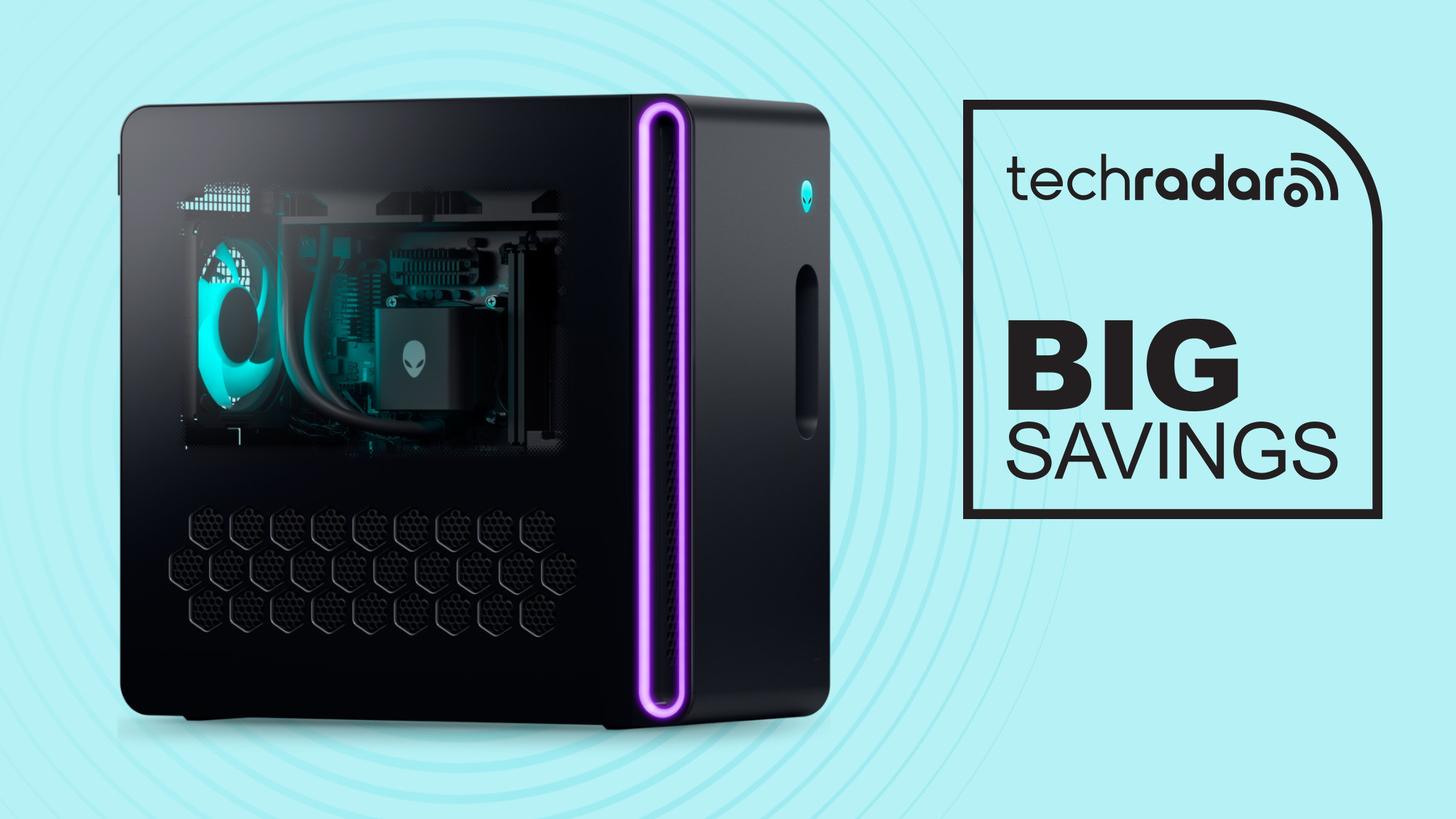 Alienware Aurora gaming PC on blue background with big savings text overlay
