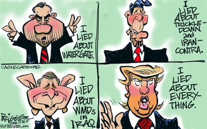 Political cartoon U.S. presidential lies Richard Nixon Watergate Ronald Reagan trickle-down Iran Contra George W. Bush WMDs Iraq Trump