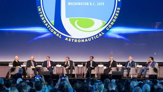 Heads of the world's space agencies convene at the 70th annual International Astronautical Congress in Washington, on Oct. 21, 2019. From left to right: Pascale Ehrenfreund, incoming president of the International Astronautical Federation (IAF); Jean-Yves Le Gall, current president of IAF; NASA Administrator Jim Bridenstine; Johann-Dietrich Woerner, Director General of the European Space Agency (ESA); Hiroshi Yamakawa, President of the Japan Aerospace Exploration Agency (JAXA); Sylvain Laporte, President of the Canadian Space Agency; Sergey Krikalev, Executive Director for Piloted Spaceflights for Roscosmos; and S. Somanath, Director of Vikram Sarabhai Space Centre, Indian Space Research Organization (ISRO)