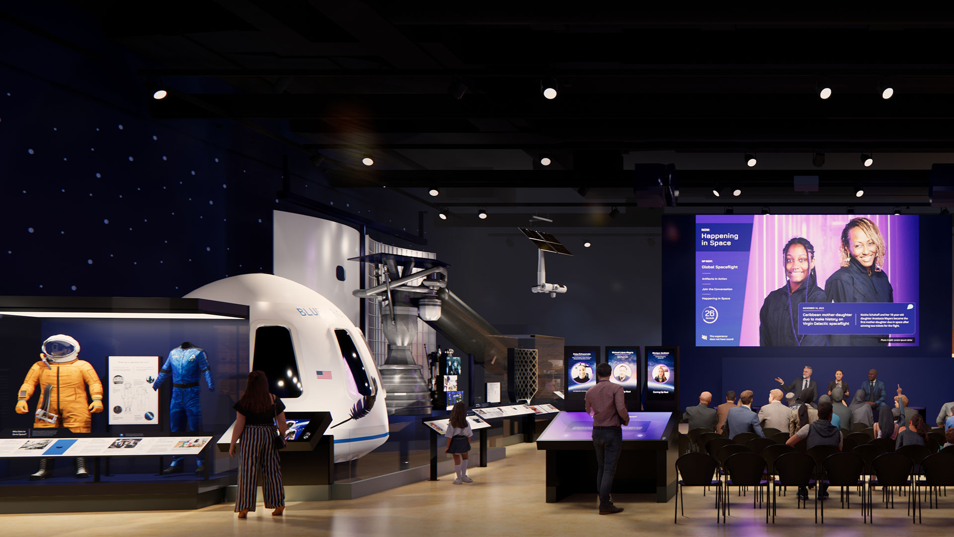an artist's rendering of a museum gallery including a space capsule and a rocket engine