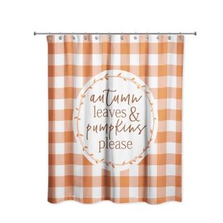 An orange gingham shower curtain that says 
