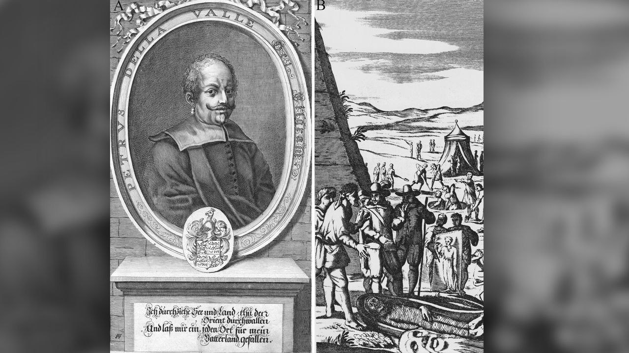 A portrait (left) of Pietro Della Valle, who brought the mummies to Rome; a depiction (right) of the mummies' discovery at Saqqara.