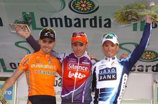 Top three at the 2009 Giro di Lombardia (l-r): Samuel Sanchez, 2nd; Philippe Gilbert, 1st; Alexandr Kolobnev, 3rd.