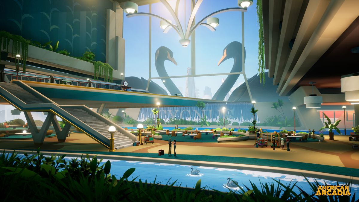 Screenshot image from American Arcadia depicting a retro-futuristic 1970s world