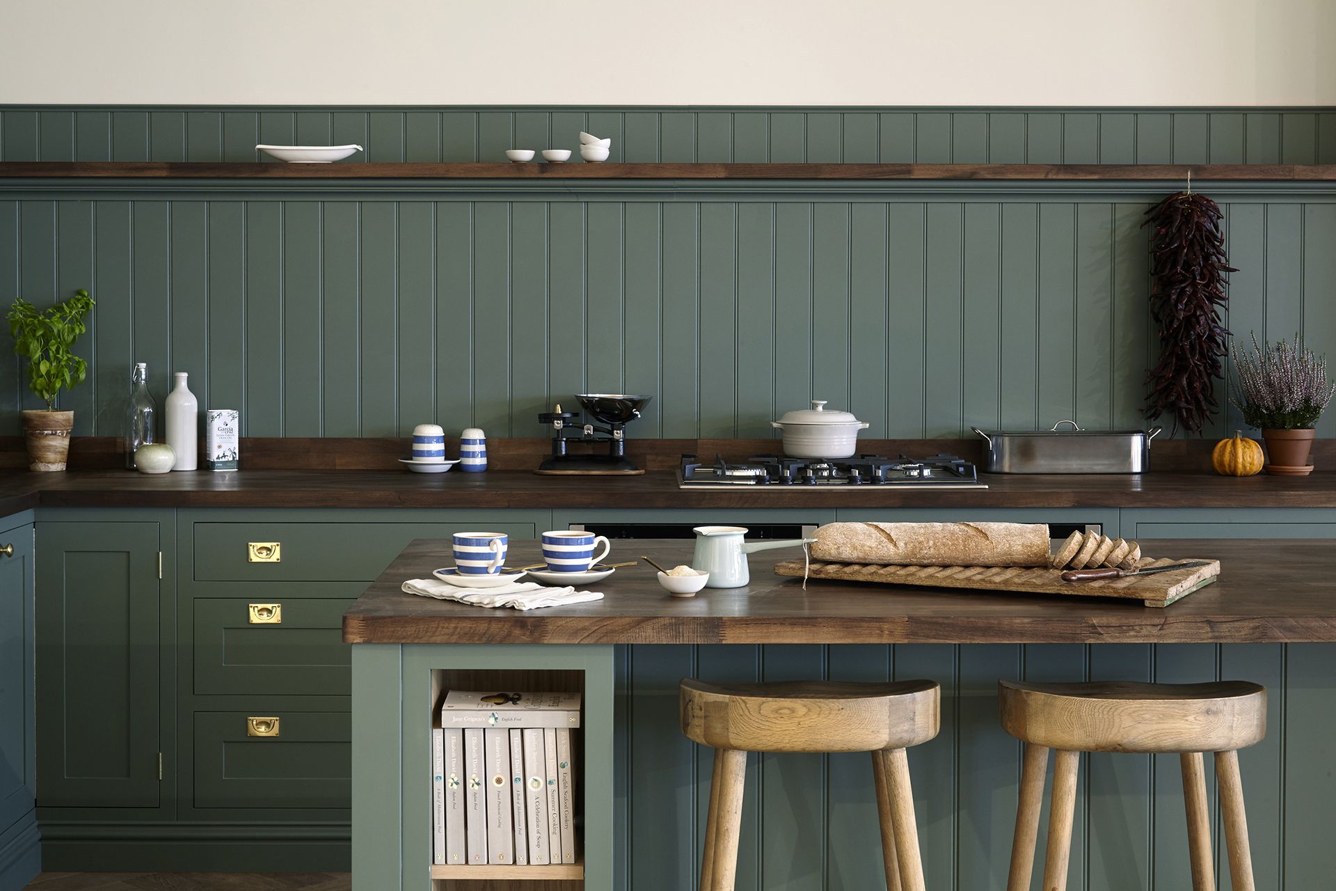 green harvest table style kitchen island
