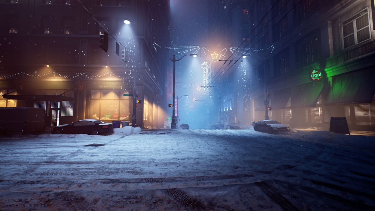 Snowy Seattle streets at night