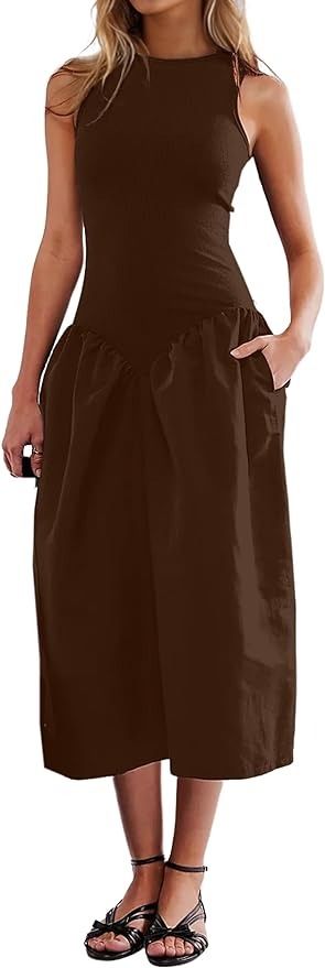 MISSACTIVER, Missactiver Women's Sleeveless Midi Sundress Crew Neck Drop-Waist Summer Patchwork Flowy Tank Tops Long Dress With Pockets Brown