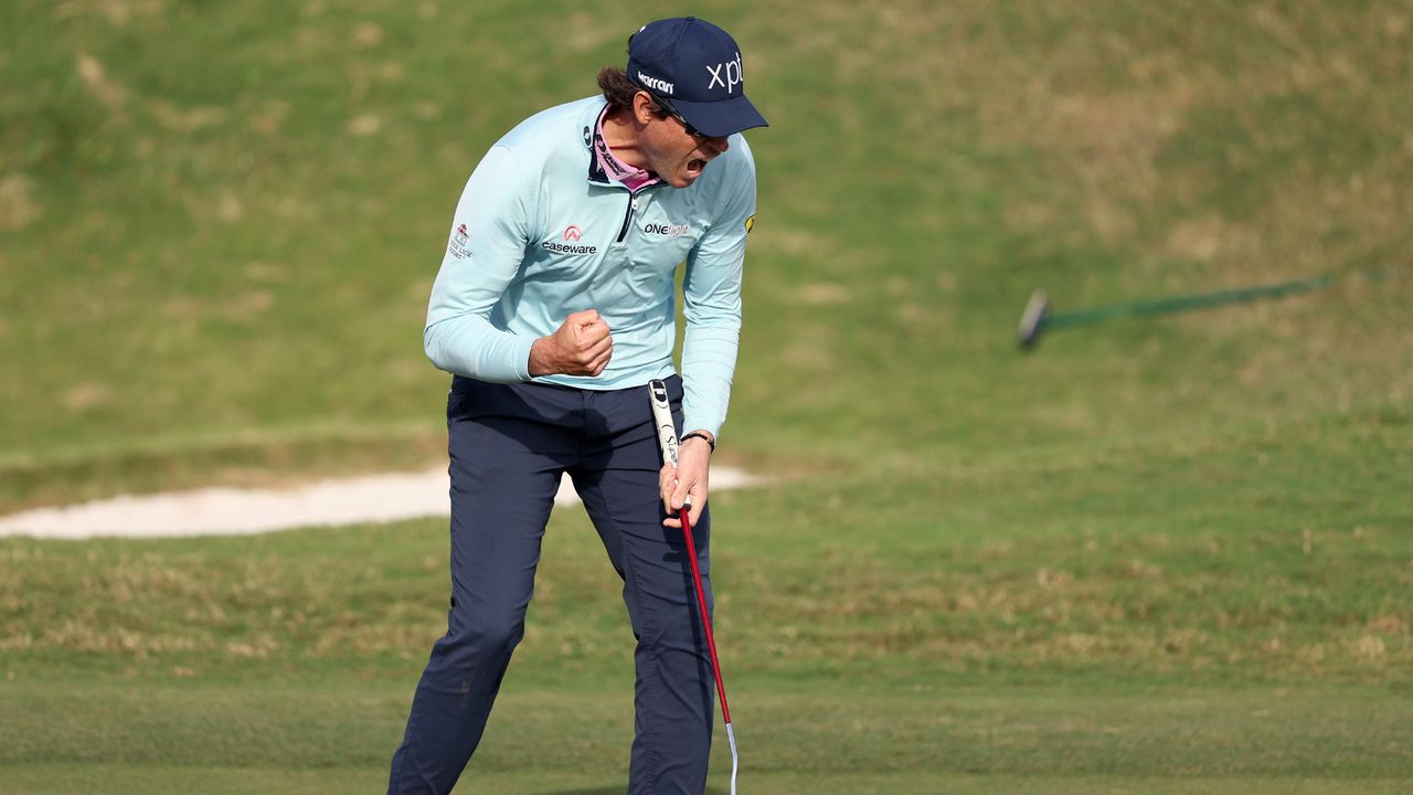 Adam Schenk celebrates his winning putt at the Butterfield Bermuda Championship 
