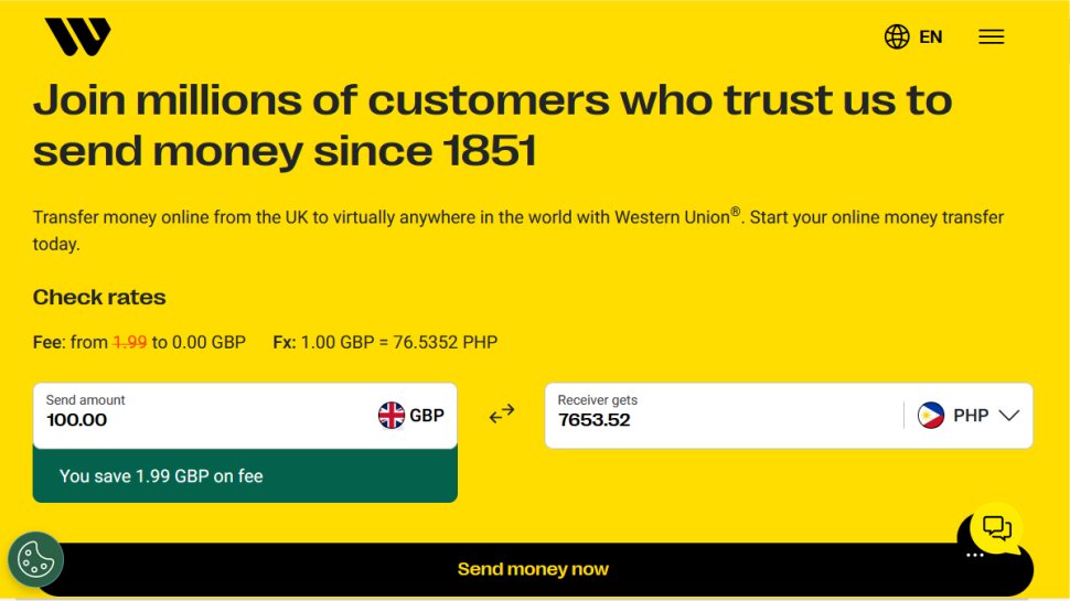 Western Union website screenshot (May 2025).