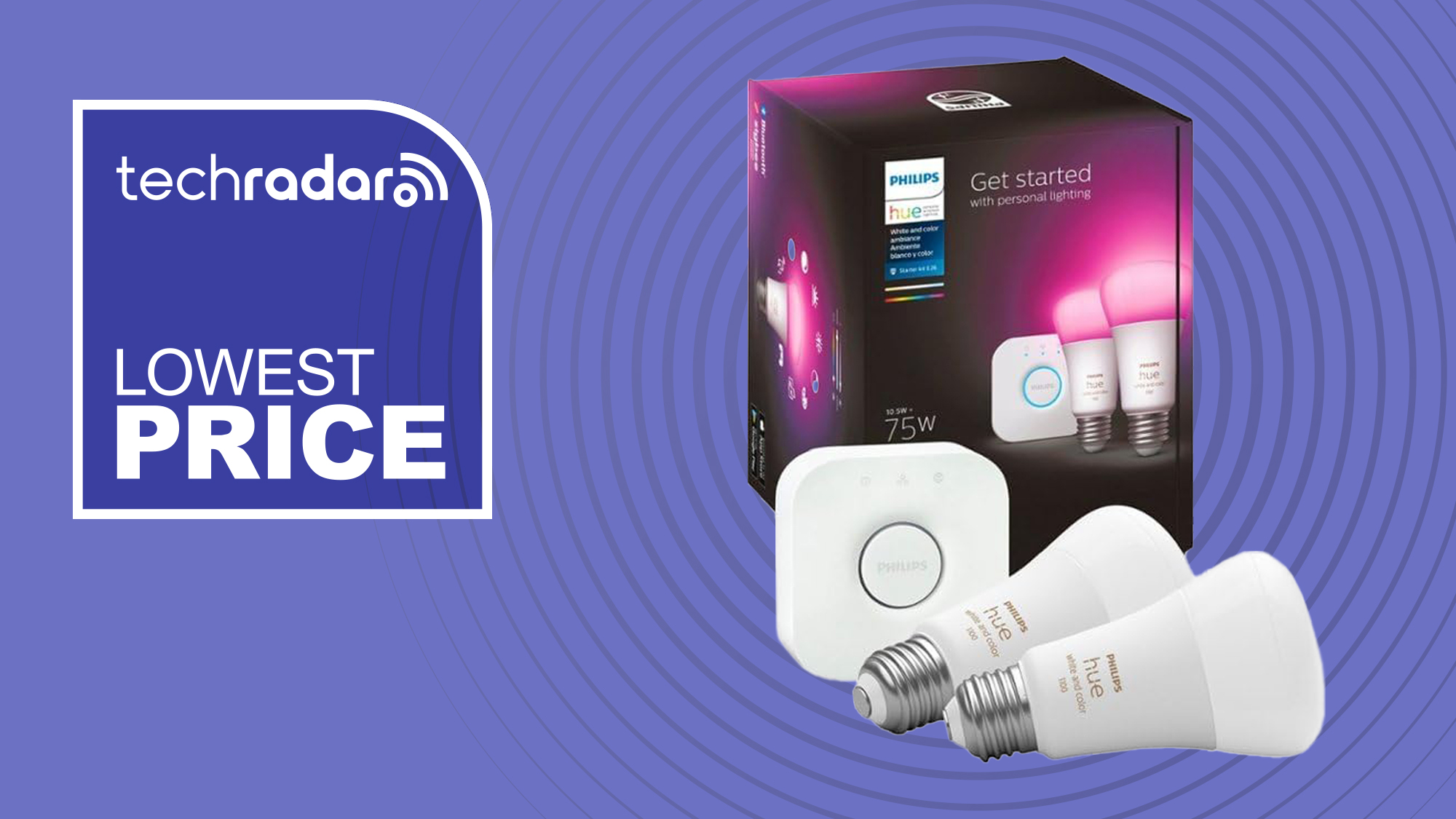 Philips Hue starter kit on purple background with white text reading &#039;TechRadar Lowest Price&#039;