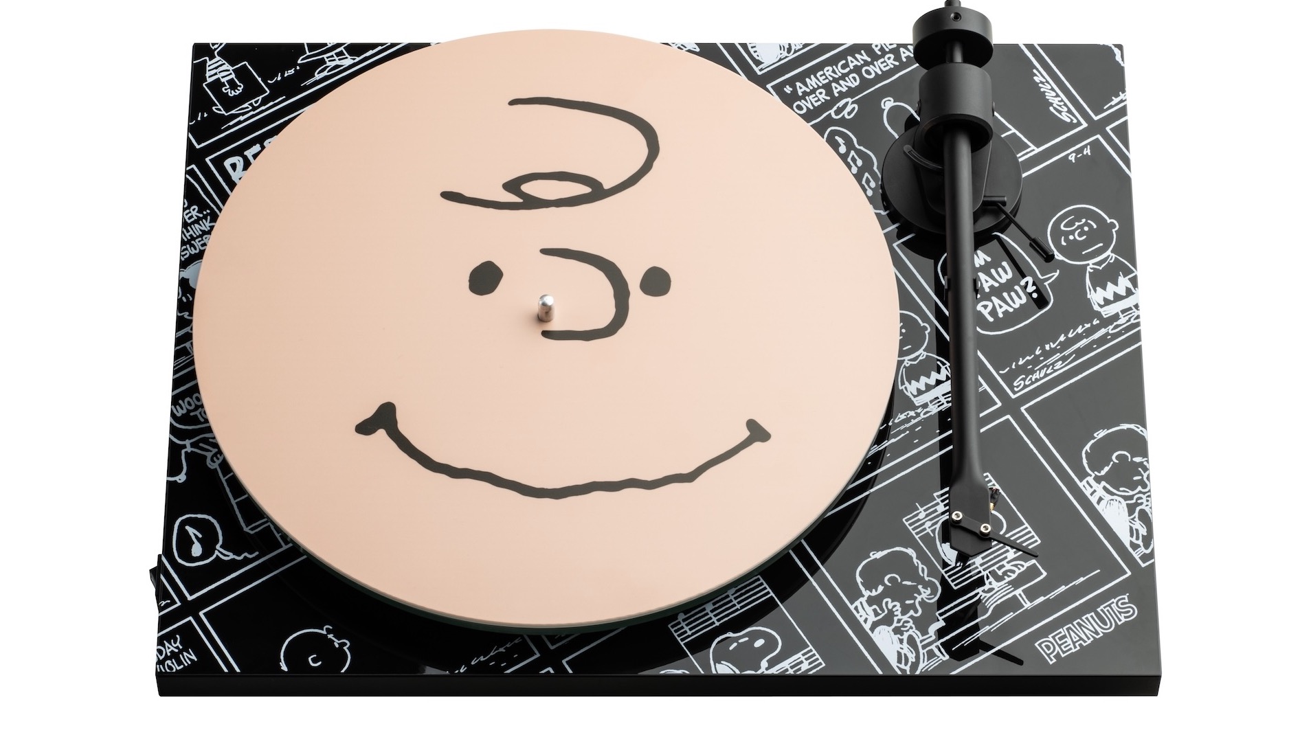 A Peanuts-themed Pro-Ject turntable with Charlie Brown&#039;s head as the record plate.