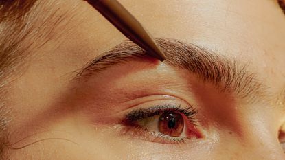 Closeup of a Young Confident Woman Filling in her Eyebrows - stock photo