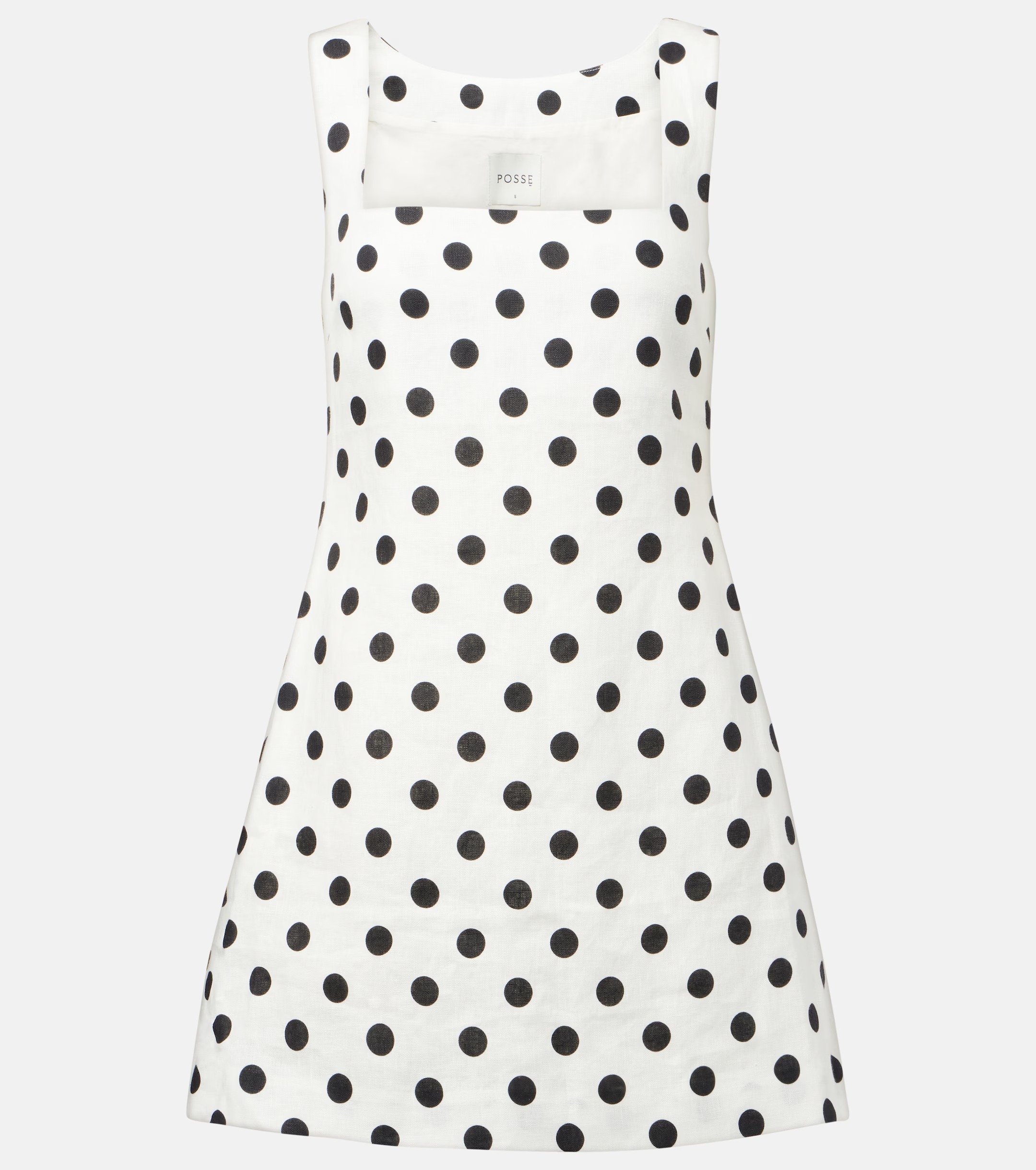 Posse, Alice Linen Minidress in White Black Polka Dot
