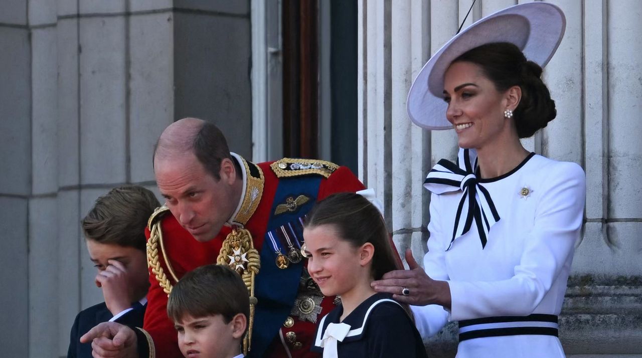 Britain&#039;s Prince George of Wales, Britain&#039;s Prince William, Prince of Wales, Britain&#039;s Prince Louis of Wales, Britain&#039;s Princess Charlotte of Wales and Britain&#039;s Catherine, Princess of Wales, stand on the balcony of Buckingham Palace after attending the King&#039;s Birthday Parade, &quot;Trooping the Colour&quot;, in London, on June 15, 2024. 