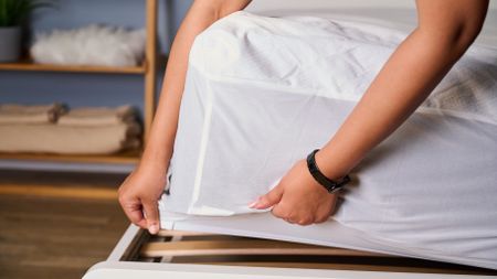 Popping on the Purple Waterproof Mattress Protector on the bed