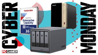 A HDD and two NAS enclosures on a Cyber Monday background