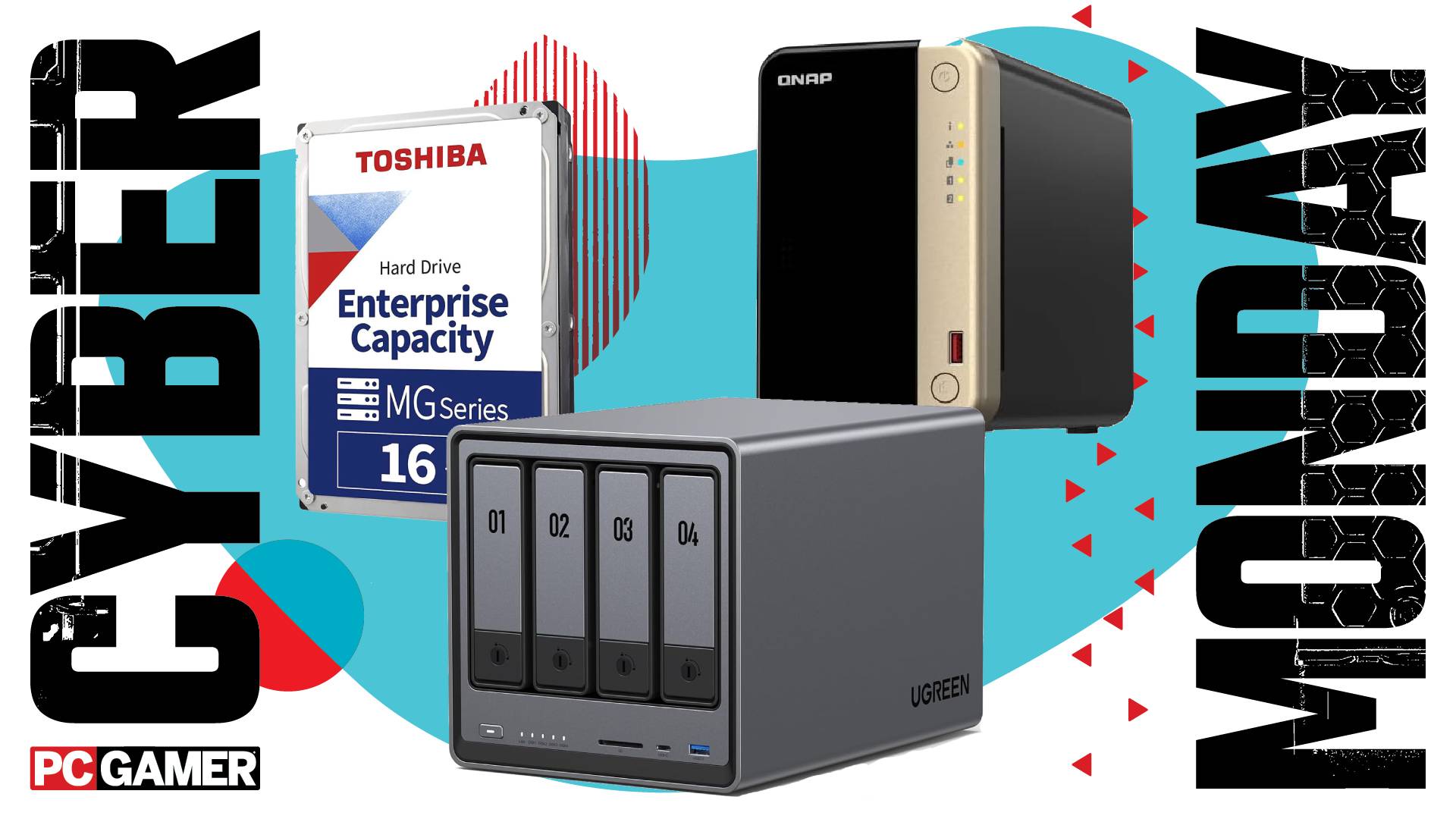 A HDD and two NAS enclosures on a Cyber Monday background