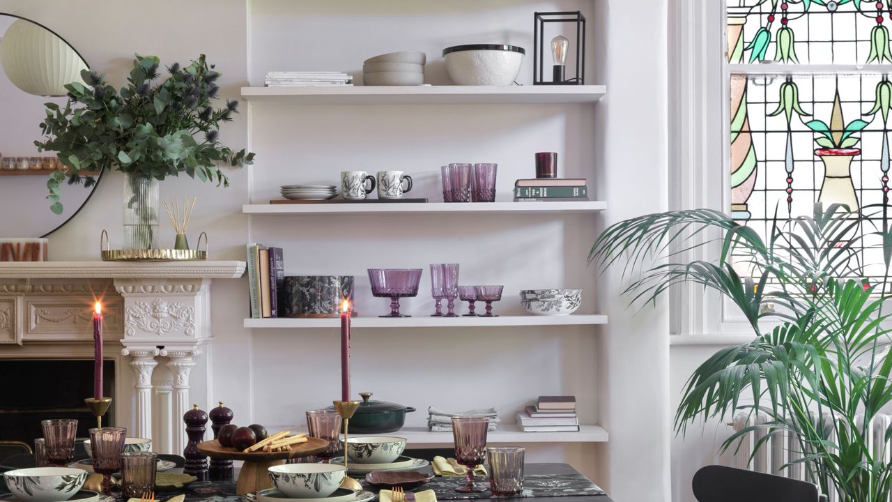 Plum hued glassware in Christmas tablescape