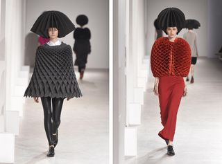 Image one - woman with black trousers and a grey 3D shawl and black hat. Image two - woman in a red skirt with a red 3D netting effect shawl and black 3D hat