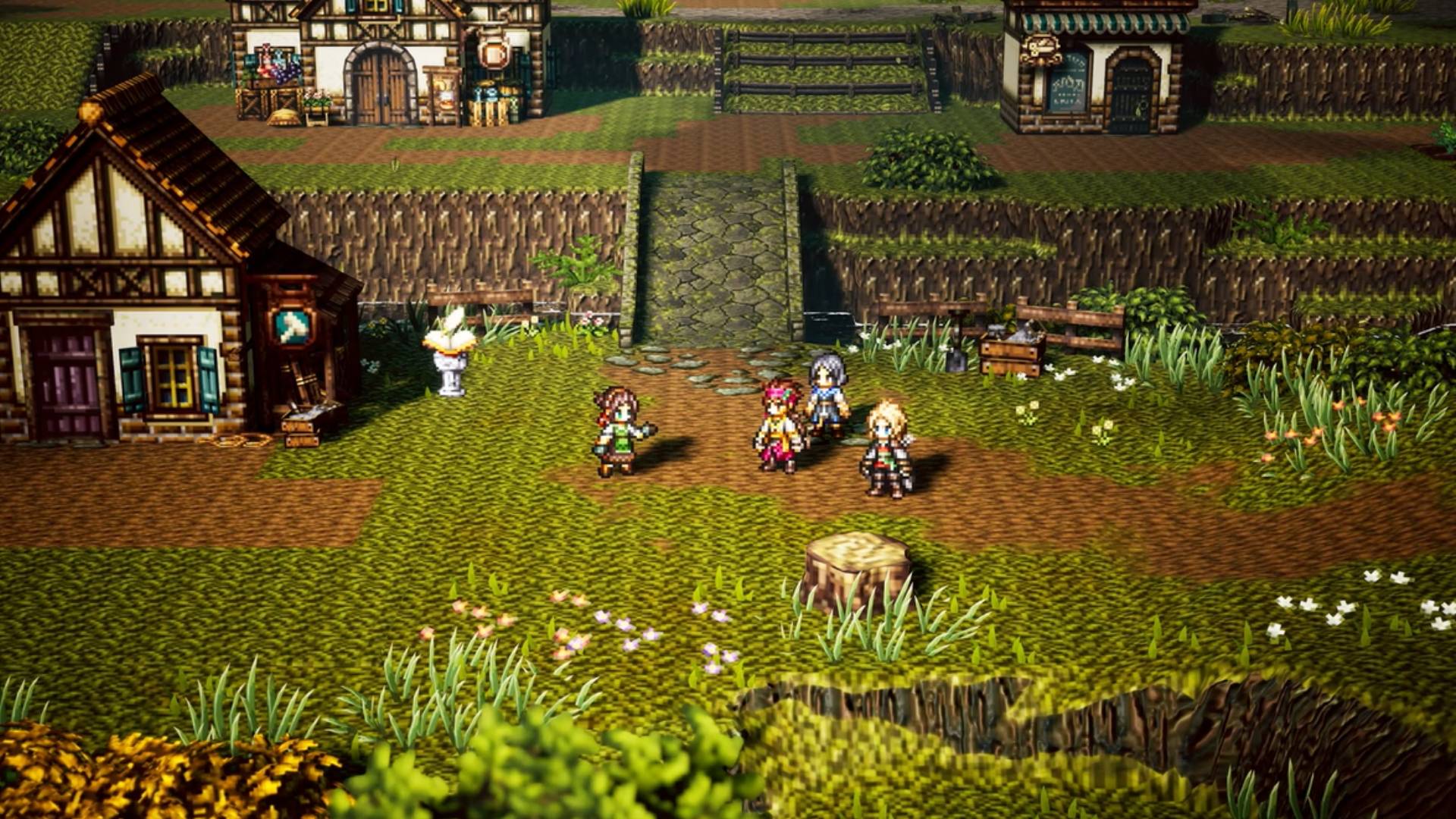 Octopath Traveler 0 screenshot shows four characters talking in a grassy town.