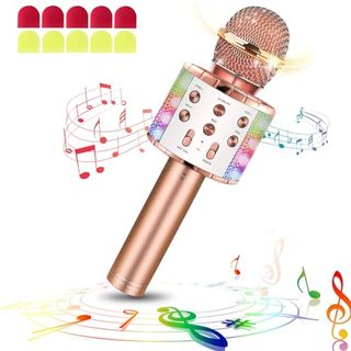 Laqula Wireless Bluetooth Karaoke Microphone With Led Lights Portable Handheld Singing Karaoke Speaker Machine Toys for Kids Adults (champagne, W/10 Disposable Microphone Covers)