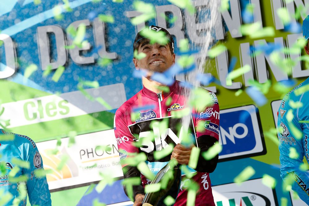 Mikel Landa (Team Sky) celebrates winning the overall at Giro del Trentino