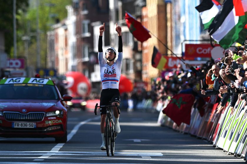 LIEGE BELGIUM APRIL 24 Tadej Pogacar of Slovenia and UAE Team Emirates celebrates at finish line as race winner during the 110th Liege Bastogne Liege 2024 Mens Elite a 2545km one day race from Liege to UCIWT on April 24 2024 in Liege Belgium Photo by Dario BelingheriGetty Images