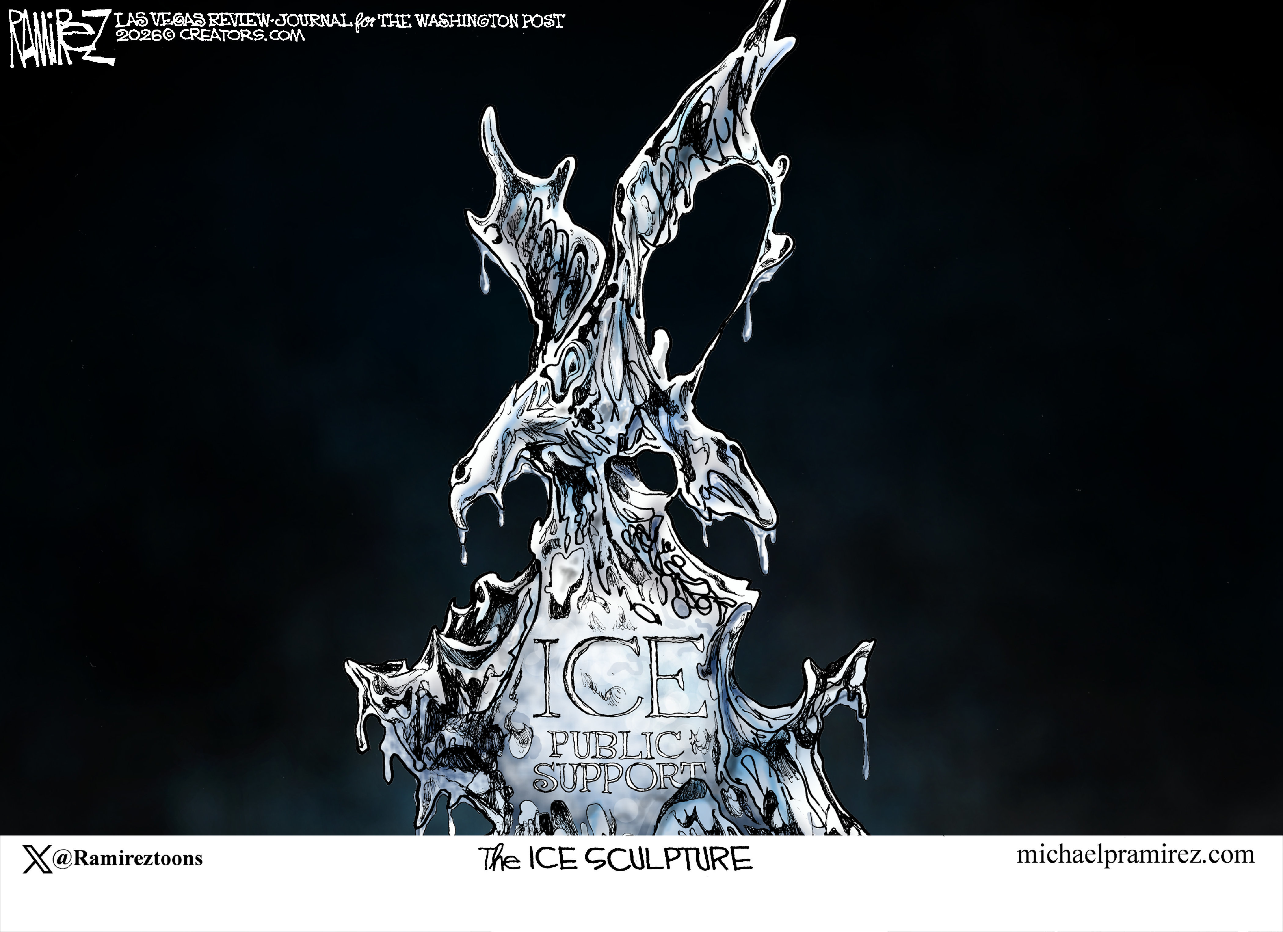 This cartoon is titled &amp;ldquo;The ICE Sculpture.&amp;rdquo; It depicts a melting statue made of ice that is labeled &amp;ldquo;ICE Public Support.&amp;rdquo;